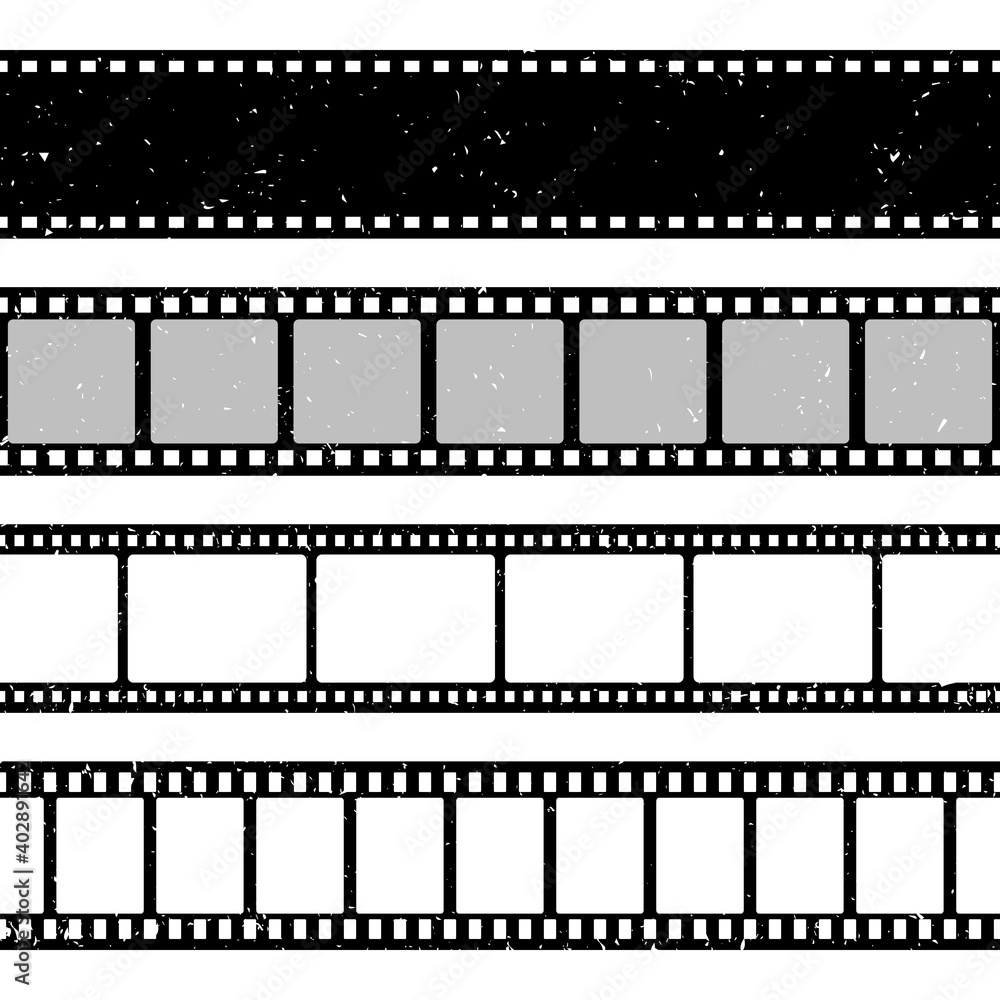 Grunge film strips collection. Old retro cinema movie strip. Video recording. Vector illustration.