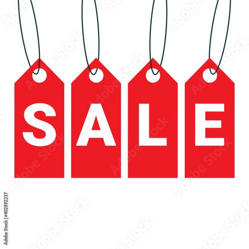 Vector isolated red hanging sales tags. Vector illustration.