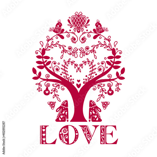 Abstract folk valentines illustration of animals and flowers. Valentines card