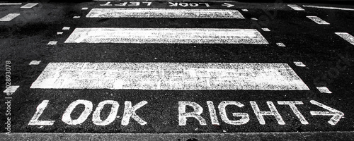 Photography Look right sign on the street in England.
