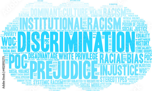 Discrimination Word Cloud on a white background. 