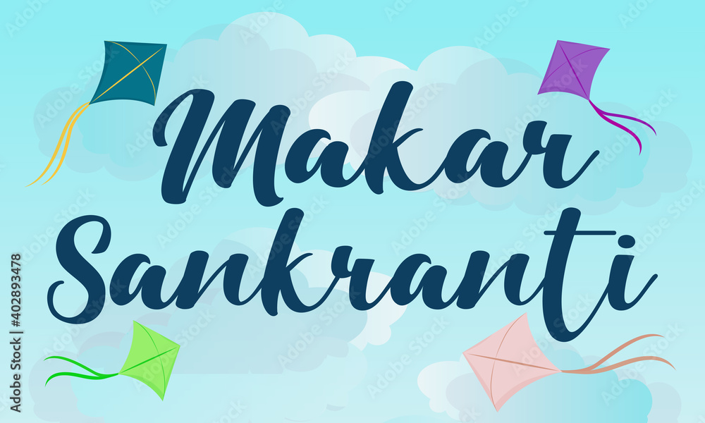 Happy Makar Sankranti greeting card design with illustration of bright colorful kites with bow tail flying in sunny sky blue gradient background. Vector Maghi - Hindu festival of India Happy Makar Sankranti greeting card design with illustration of bright colorful kites with bow tail flying in sunny sky blue gradient background. Vector Maghi - Hindu festival of India