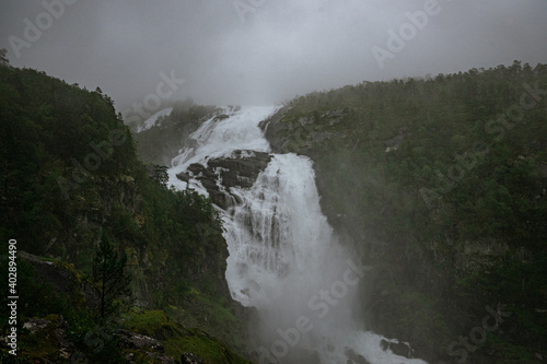 Nyastolfossen in fog from the waterfalls of Husedalen