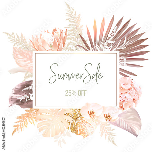 Trendy dried palm leaves, pale protea, orchid, pampas grass, gold monstera