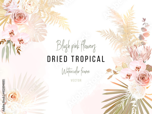 Trendy dried palm leaves, blush pink and ivory rose, pale protea, white orchid, gold monstera