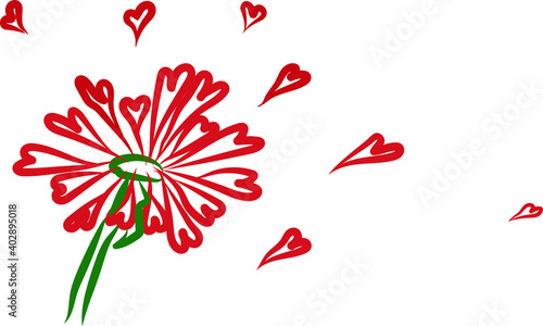 Vector illustration of a flower with petals in the form of a heart that loses its petals.