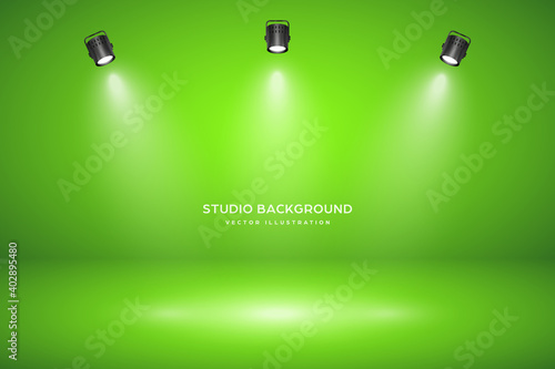 Empty green studio abstract background with spotlight effect. Product showcase backdrop. Chroma key compositing.