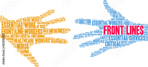 Front Line Workers word cloud on a white background.