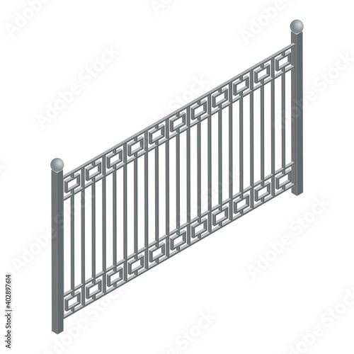 Isometric vector illustration metal fence isolated on white background. Modern metal railing vector icon in flat cartoon style.