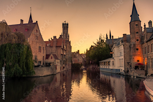 Sunset over the canal of Bruges, Belgium