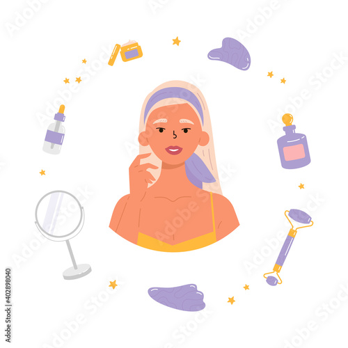Young beautiful woman with bottle of face serum, facial gua sha stone,roller,mirror,cream. Facial yoga. Brunette woman massaging her face. Anti-aging skin care method. Vector flat illustration. 
