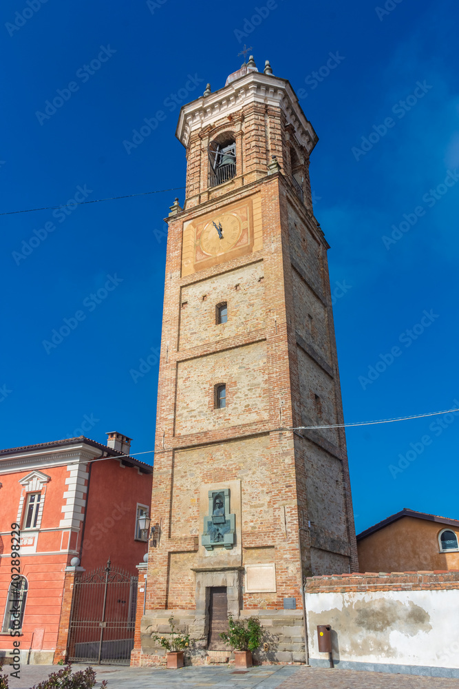 Belltower of La Morra, town in the Langhe, Piedmont Italy