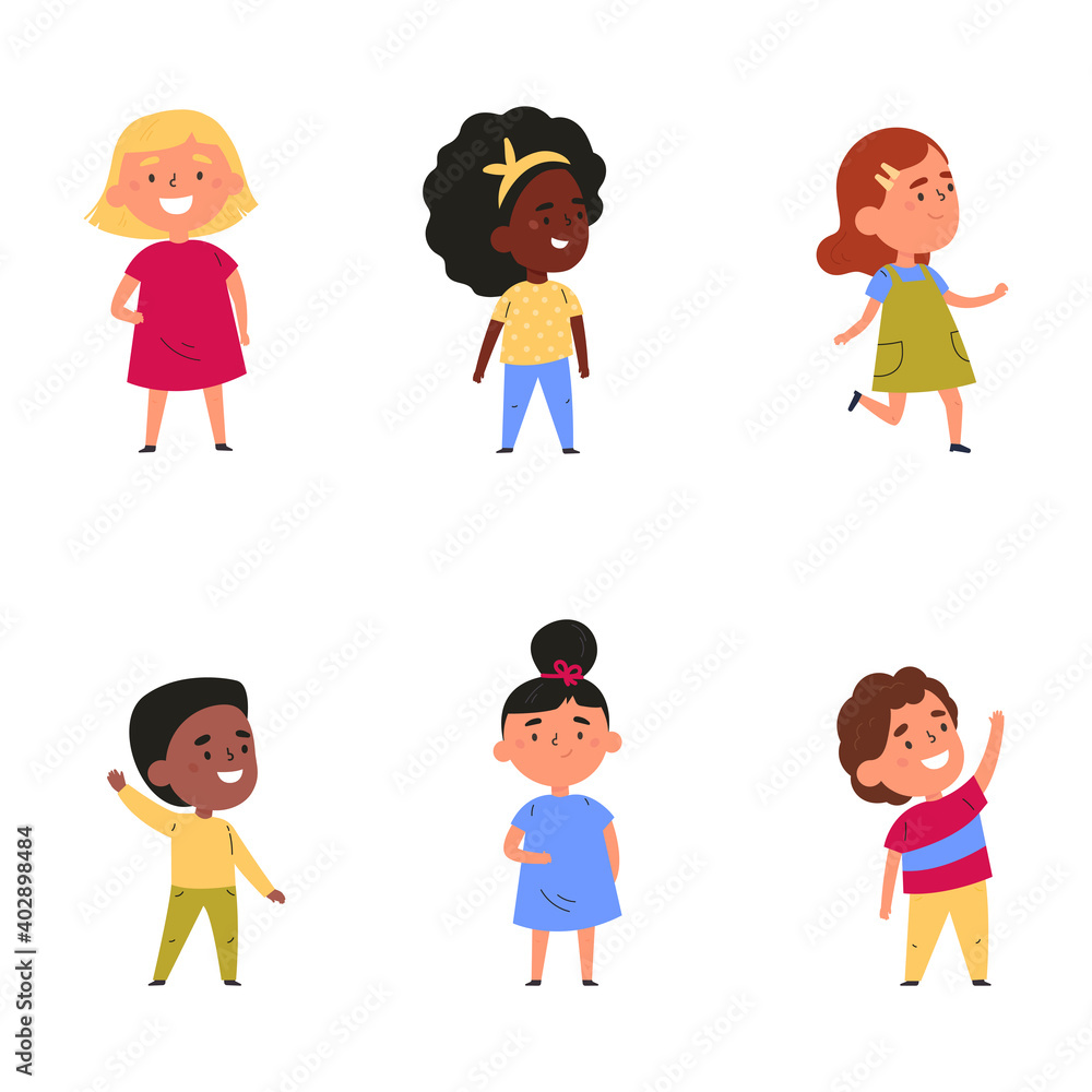 Group of happy multinational children. Set of children of different nationalities and genders. Vector colourful illustration in cartoon style.