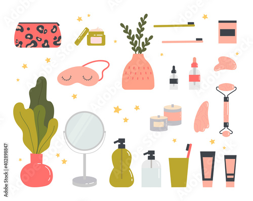 Beauty routine. Face and body skin care concept. Cleansing, moisturizing, treating, gua sha stone. Various cosmetics. Bathroom accessories. Hand drawn vector set. Trendy colored illustration. 