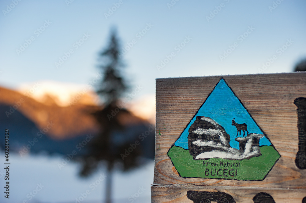Padina, Romania - January 2021: Winter landscape with a wooden sign of the Bucegi Natural Park, pine forest and mountain peaks in the background on a sunny morning.