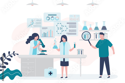 Scientific research laboratory. Scientists and pharmacists are developing new drugs and vaccines. Workplace with equipment, chemical formulas