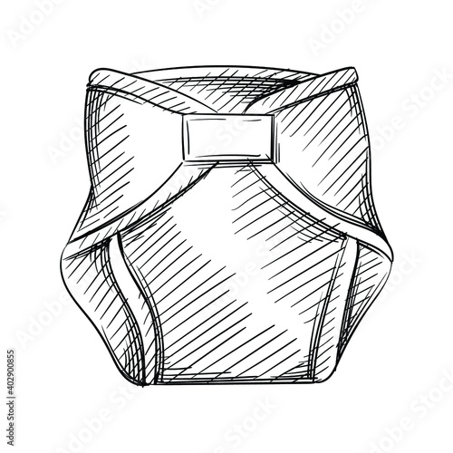 Hand drawn sketch of diapers on a white background. Black and white sketch of infant diapers Baby items.