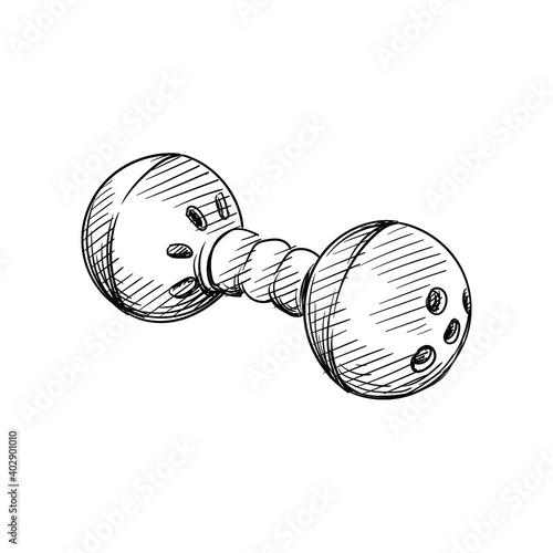 Hand drawn sketch of Bell Baby Rattles Toy on a white background. Black and white sketch of rattle toy. Baby items.