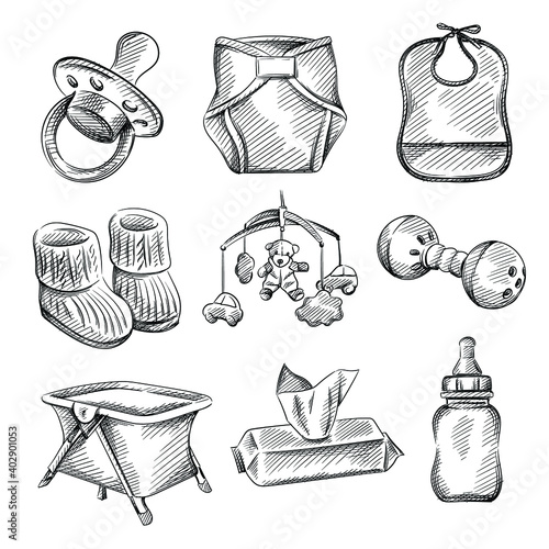 Hand drawn sketch set of baby and infants items. Pacifier, diapers, baby feeding bib, knitted baby booties, bed carousel, hanging rattle, noise rattle, playpen, wet wipes, milk bottle with pacifier.