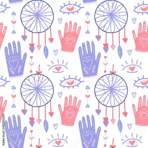 Vector flat seamless pattern. Boho background for nursery decoration with cute hands and moon, dream catcher. Doodle modern illustration for Valentines day. Perfect for baby shower, birthday