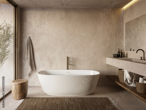 3d rendering of a Mykonos minimal concrete bathroom with a bathtub and the Aegean luxurious style photo