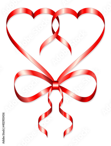 Shape of two united hearts made of red satin ribbon with bow isolated on white. Vector image