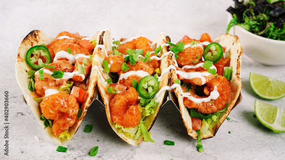 Bang Bang shrimp Tacos on soft taco shell Bang Bang shrimp Tacos on soft taco shell
