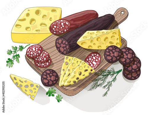 Set. Drawn on the kitchen board are two sticks of sausage, half a head of cheese, slices of cheese and sausage, and sprigs of dill and parsley. Cartoon style illustration isolated on white background.