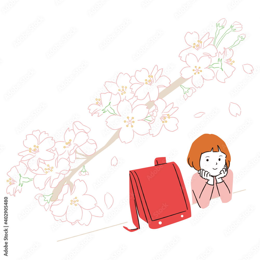 手書き線画カラーイラスト 桜を見ながらランドセルの隣 楽しみに待つ女の子 Stock Vector Adobe Stock
