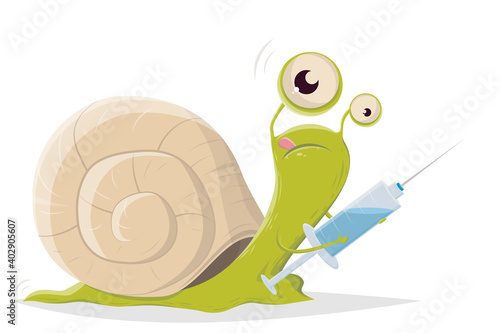 cartoon illustration of a slow snail with vaccine