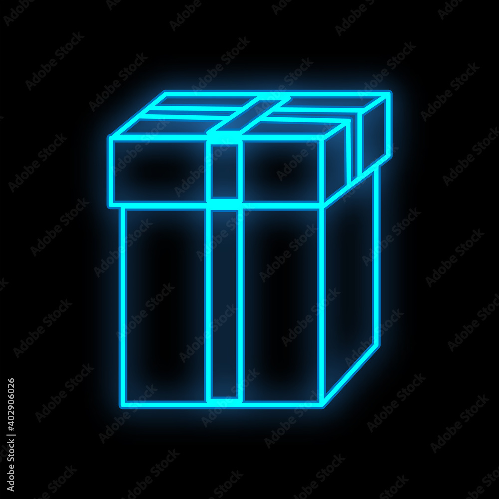 Bright luminous blue festive digital neon sign for a store or card beautiful shiny with a love gift box on a black background. illustration Bright luminous blue festive digital neon sign for a store or card beautiful shiny with a love gift box on a black background. illustration