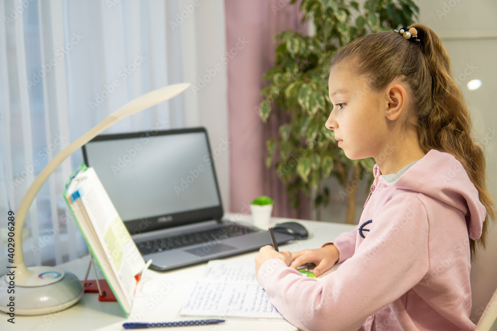 home-schooling. girl doing lessons in front of a laptop home-schooling. girl doing lessons in front of a laptop