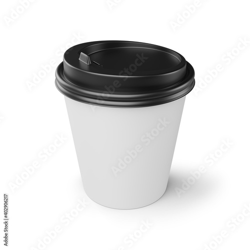White coffee paper cup with black lid isolated on white. 3d rendering mock up.