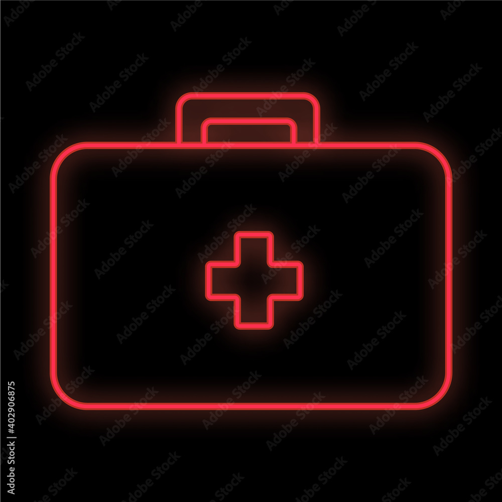 Obraz premium Bright luminous red medical digital neon sign for a pharmacy or hospital store beautiful shiny with a first aid kit and the inscription medicine on a black background. illustration