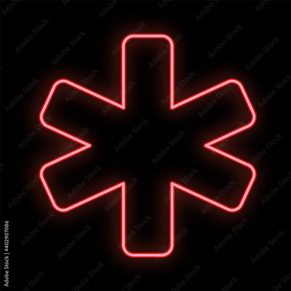Bright luminous red medical digital neon sign for a pharmacy or hospital store beautiful shiny with an ambulance sign on a black background. illustration Bright luminous red medical digital neon sign for a pharmacy or hospital store beautiful shiny with an ambulance sign on a black background. illustration