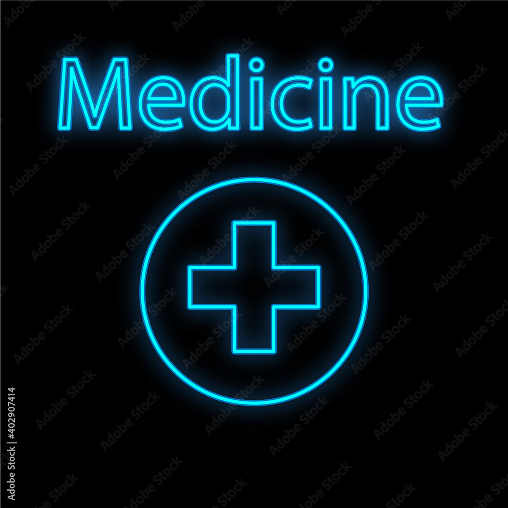 Obraz premium Bright luminous blue medical digital neon sign for a pharmacy or hospital store beautiful shiny with an ambulance sign with a cross on a black background. illustration