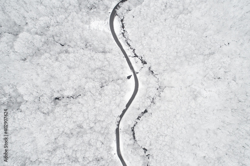 Aerial view of a road in the middle of the forest with snow