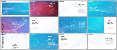 Presentation design vector templates, multipurpose template for presentation slide, flyer, brochure cover design, infographic report. Polygonal science background with connecting dots and lines.