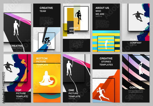 Social networks stories design, vertical banner or flyer templates. Covers templates for flyer, leaflet, brochure, banner. Abstract sport backgrounds in unique style for sport event, fitness design.