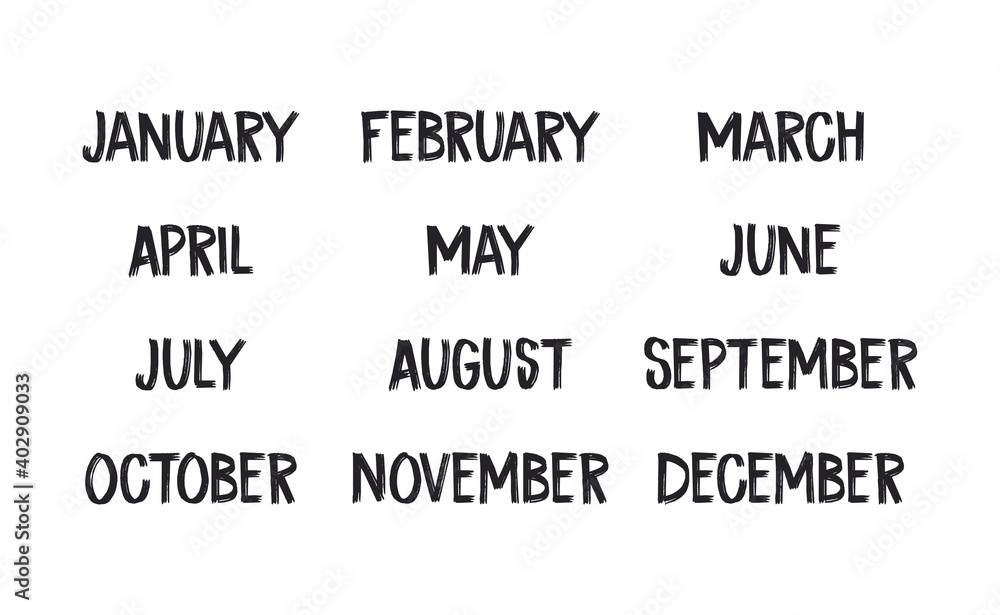 Handwritten names of months: December, January, February, March, April, May, June, July, August, September, October, November. Calligraphy words for calendars and organizers. Handwritten names of months: December, January, February, March, April, May, June, July, August, September, October, November. Calligraphy words for calendars and organizers.