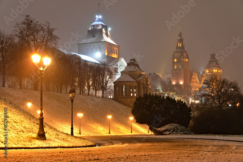 Szczecin - snow-covered winter  Haken's terraces at night.