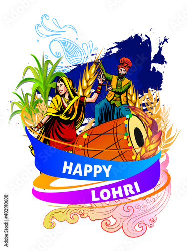 vector illustration of Happy Lohri holiday festival of Punjab India with beautiful background © mona_