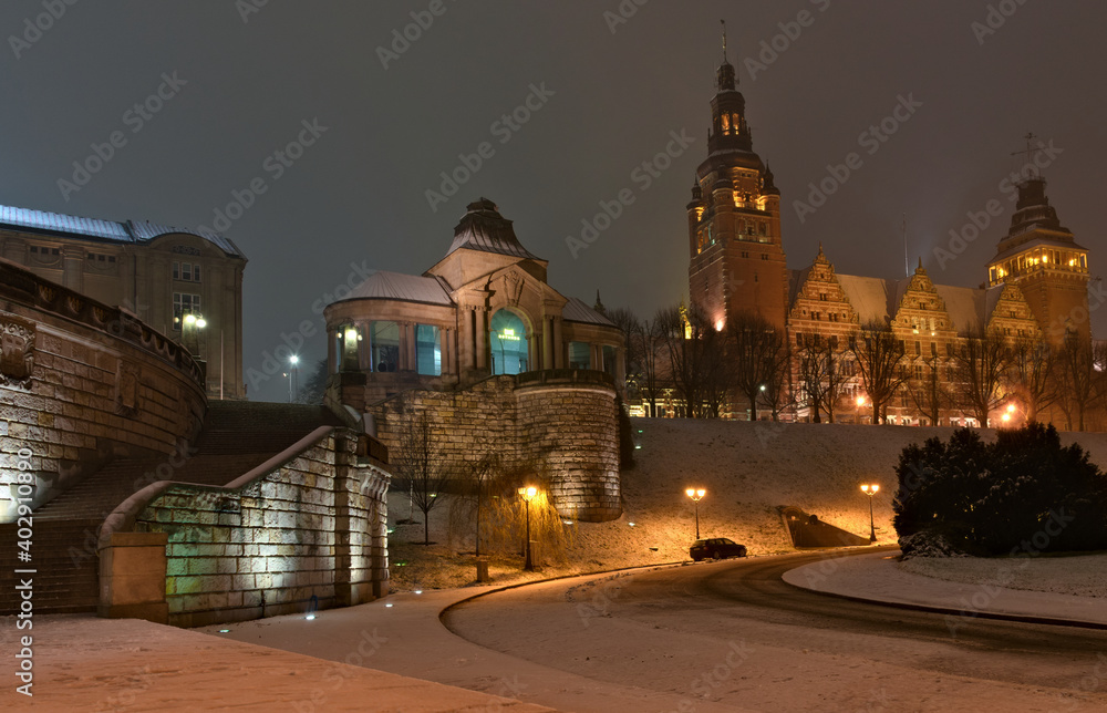 Szczecin - snow-covered winter  Haken's terraces at night.