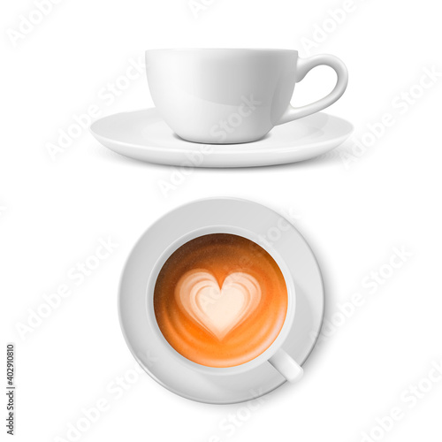 Vector 3d Realistic White Porcelain Ceramic Mug. Milk Coffee, Foam, Heart Pattern Set Isolated on White. Capuccino, Latte. Stock Vector Illustration. Design Template, Mockup. Front, Top View