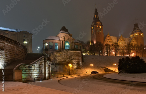 Szczecin - snow-covered winter Haken's terraces at night.