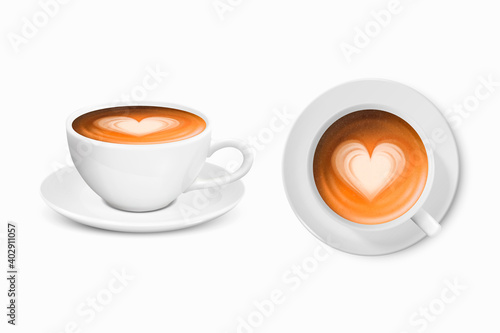 Vector 3d Realistic White Porcelain Ceramic Mug. Milk Coffee, Foam, Heart Pattern Set Isolated on White. Capuccino, Latte. Stock Vector Illustration. Design Template, Mockup. Front, Top View