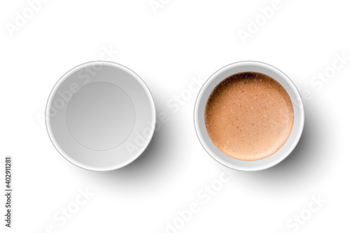 Vector 3d Realistic Paper White Disposable Empty and with Milk Coffee, Foam Cup Set Isolated. Espresso, Mocha, Macchiato, Latte, Capuccino. Stock Vector Illustration. Design Template. Top View