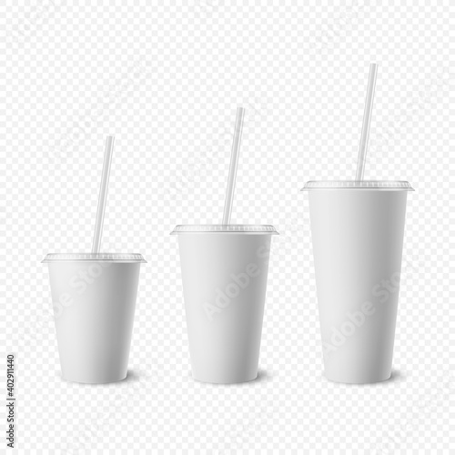 Vector 3d Realistic White Paper Disposable Cup Set with Lid, Straw for Beverage, Drinks Isolated. Coffee, Soda, Tea, Cocktail, Milkshake, Juice. Design Template of Packaging for Mockup. Front View
