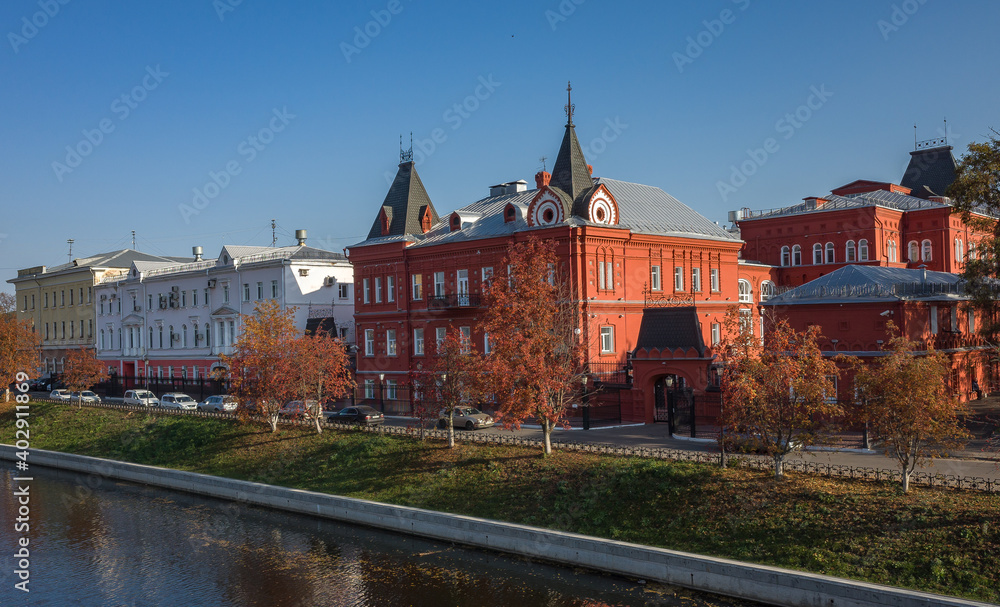 October 22, 2018, Oryol, Russia. Orlik River and Orlovsky Commercial Bank in autumn.