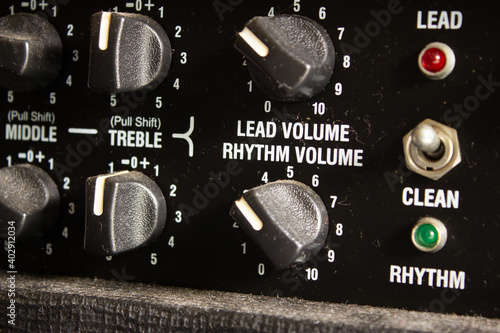 Buttons, knobs and lights of a guitar amplifier